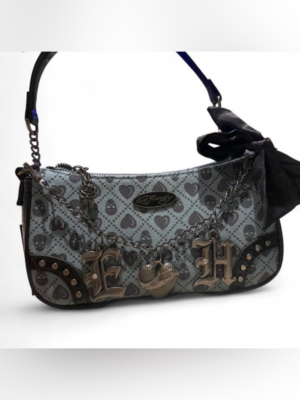 Ed Hardy Denim and Black Heart & Skull Charm Shoulder Bag
